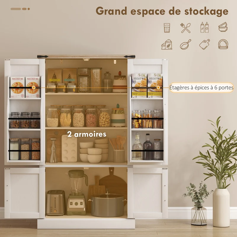 Armoire de cuisine modulable 76,3 x 40 x 136 cm porte-épices étagères réglables style rustique classique en MDF blanc 21_0003370