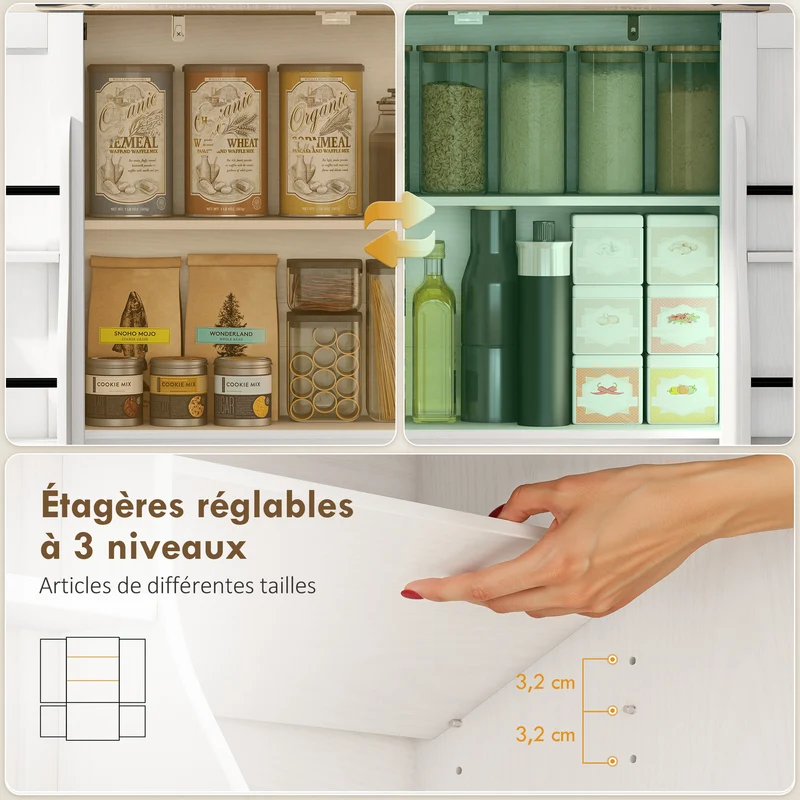 Armoire de cuisine modulable 76,3 x 40 x 136 cm porte-épices étagères réglables style rustique classique en MDF blanc 21_0003370