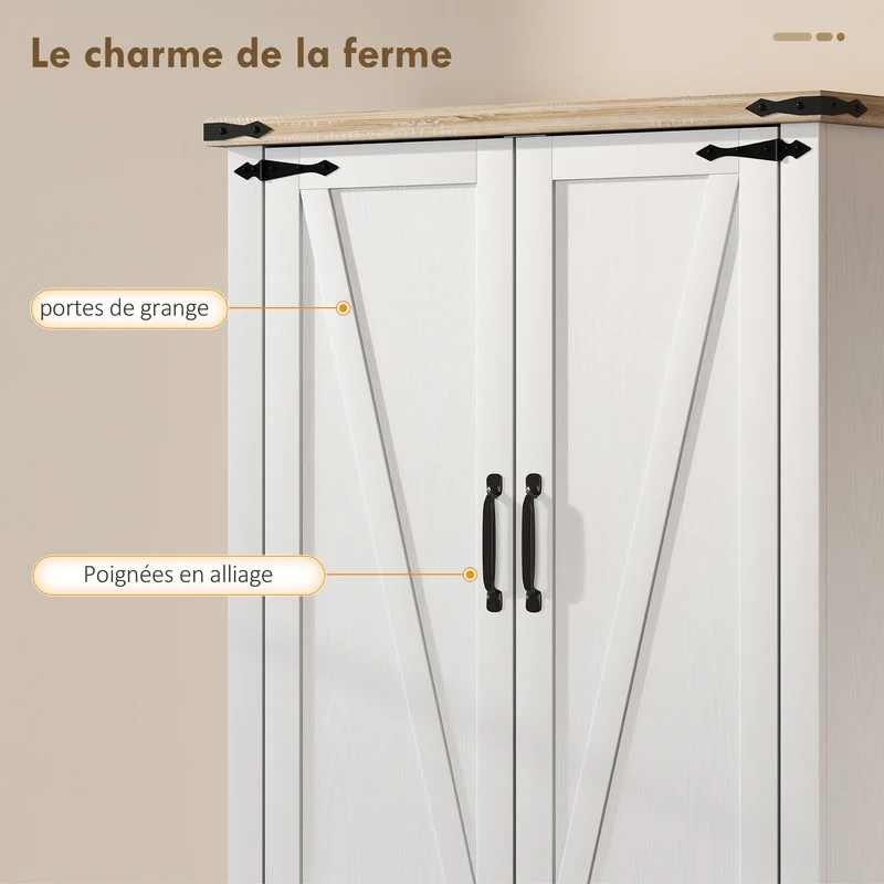 Armoire de cuisine modulable 76,3 x 40 x 136 cm porte-épices étagères réglables style rustique classique en MDF blanc 21_0003370