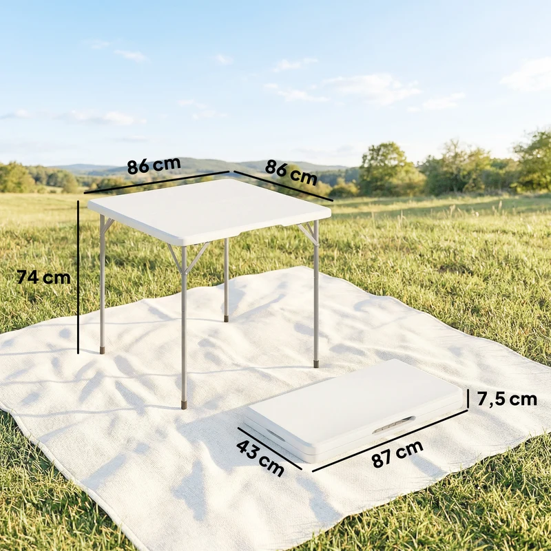 Table pliante camping carrée 86 x 86 x 74 cm hauteur réglable stable moderne épuré en polyéthylène haute densité blanc 21_0006560