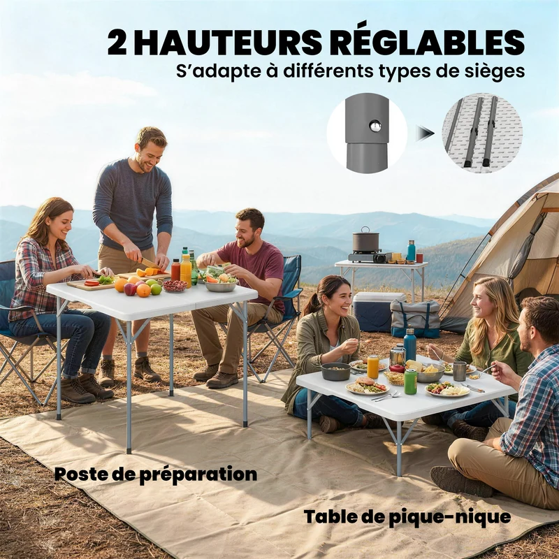 Table pliante camping carrée 86 x 86 x 74 cm hauteur réglable stable moderne épuré en polyéthylène haute densité blanc 21_0006560
