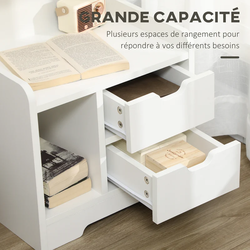 Table de chevet 40 x 30 x 60 cm rangement compartimenté 2 tiroirs contemporain épuré utile en panneau de particules blanc 21_0001462
