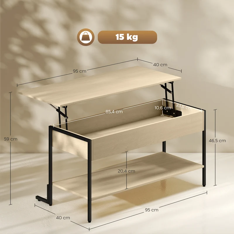 Table basse rectangulaire salon 95 x 40 x 59 cm plateau relevable et rangement caché industriel en MDF bois naturel 21_0003517