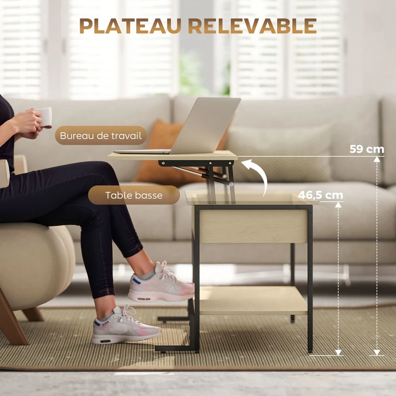 Table basse rectangulaire salon 95 x 40 x 59 cm plateau relevable et rangement caché industriel en MDF bois naturel 21_0003517