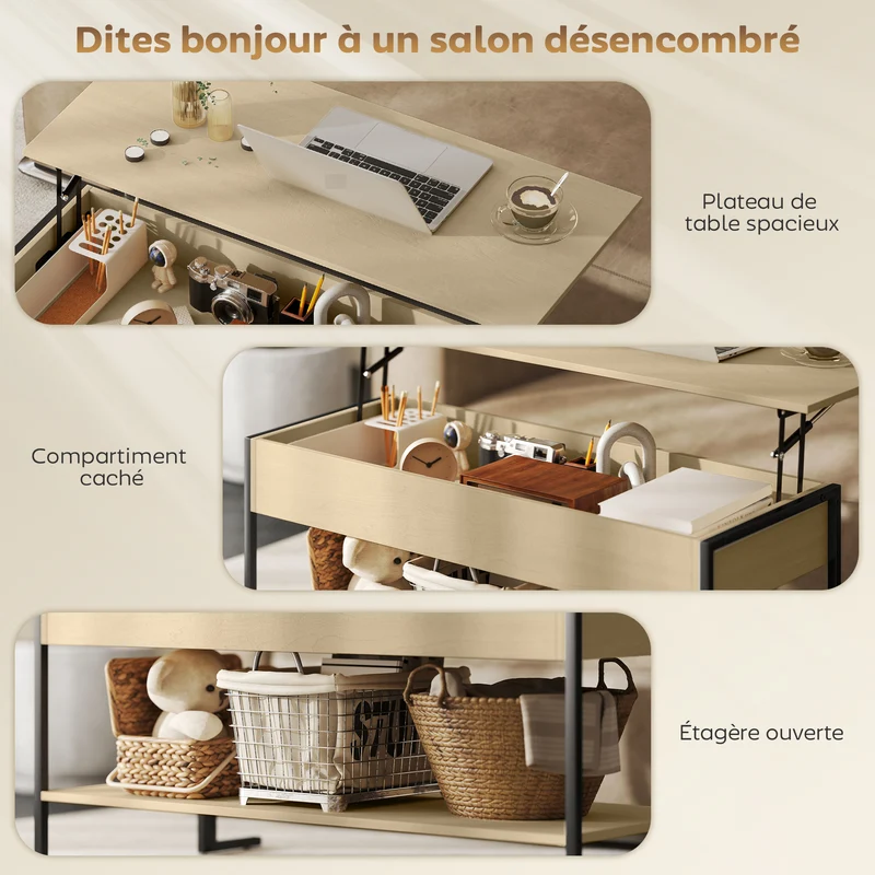 Table basse rectangulaire salon 95 x 40 x 59 cm plateau relevable et rangement caché industriel en MDF bois naturel 21_0003517