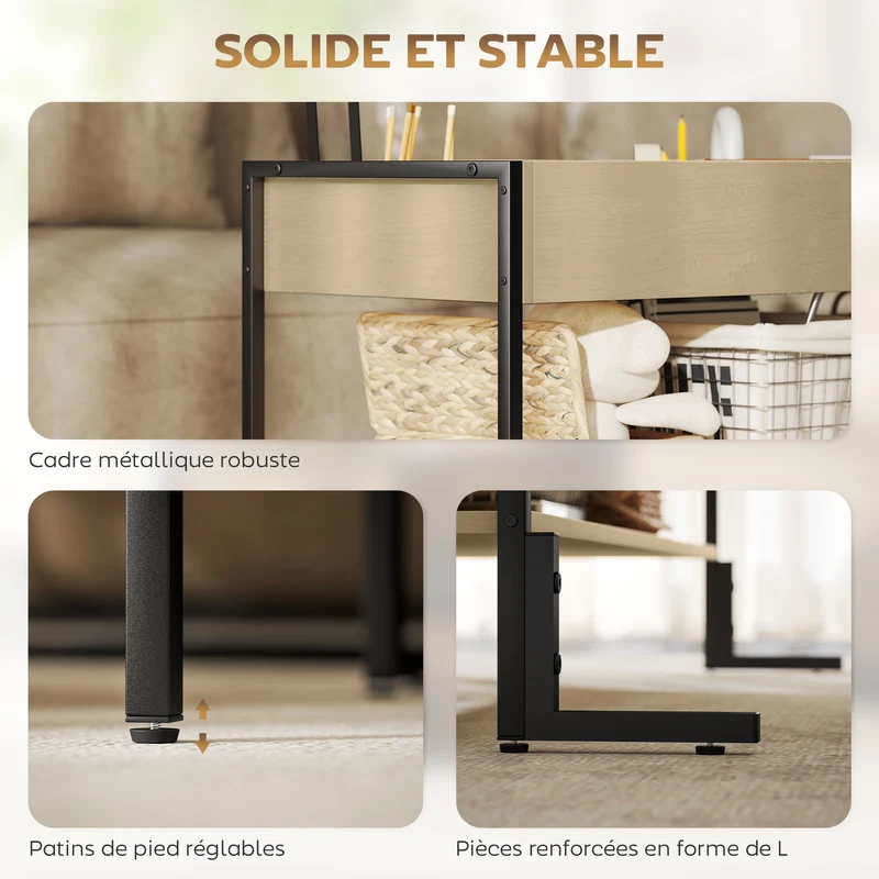 Table basse rectangulaire salon 95 x 40 x 59 cm plateau relevable et rangement caché industriel en MDF bois naturel 21_0003517
