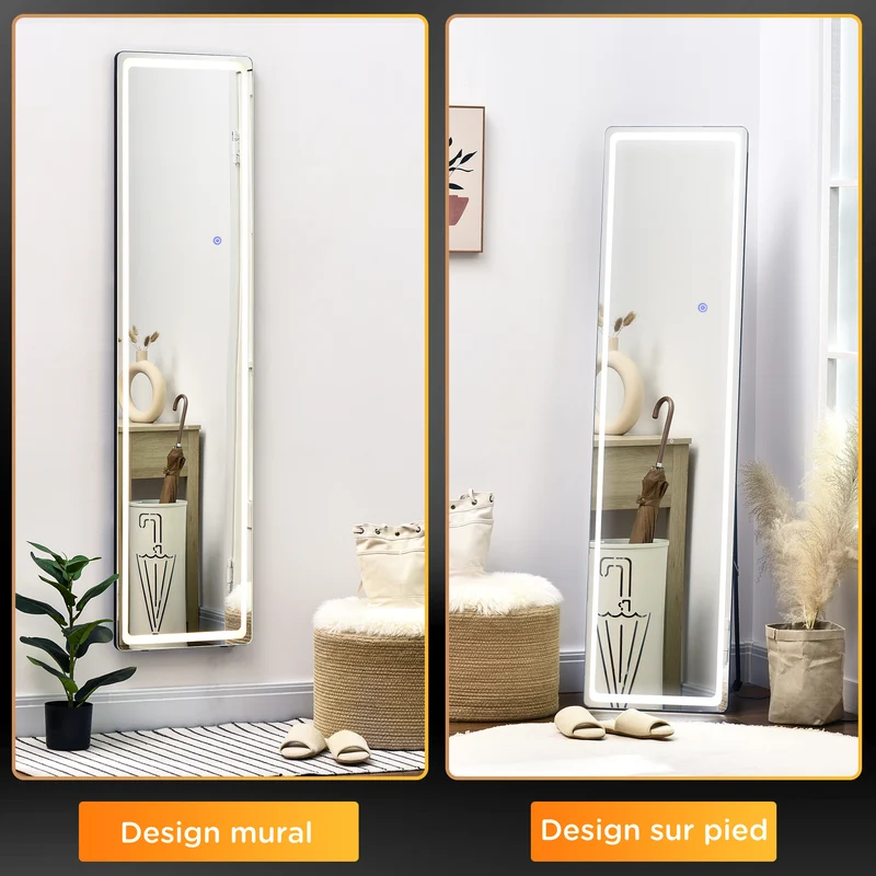 Miroir sur pied ou mural 40 x 37 x 157.5 cm éclairage réglable télécommande incluse contemporain épuré en verre argenté 21_0001524