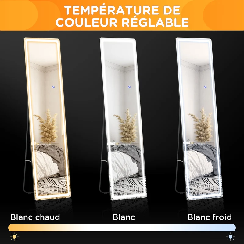Miroir sur pied ou mural 40 x 37 x 157.5 cm éclairage réglable télécommande incluse contemporain épuré en verre argenté 21_0001524