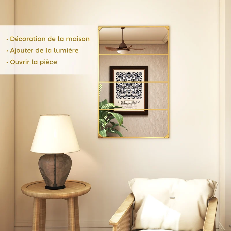 Miroir mural verrière rectangulaire 109 x 2 x 69 cm agrandit et éclaire style industriel contemporain en métal doré 21_0001363