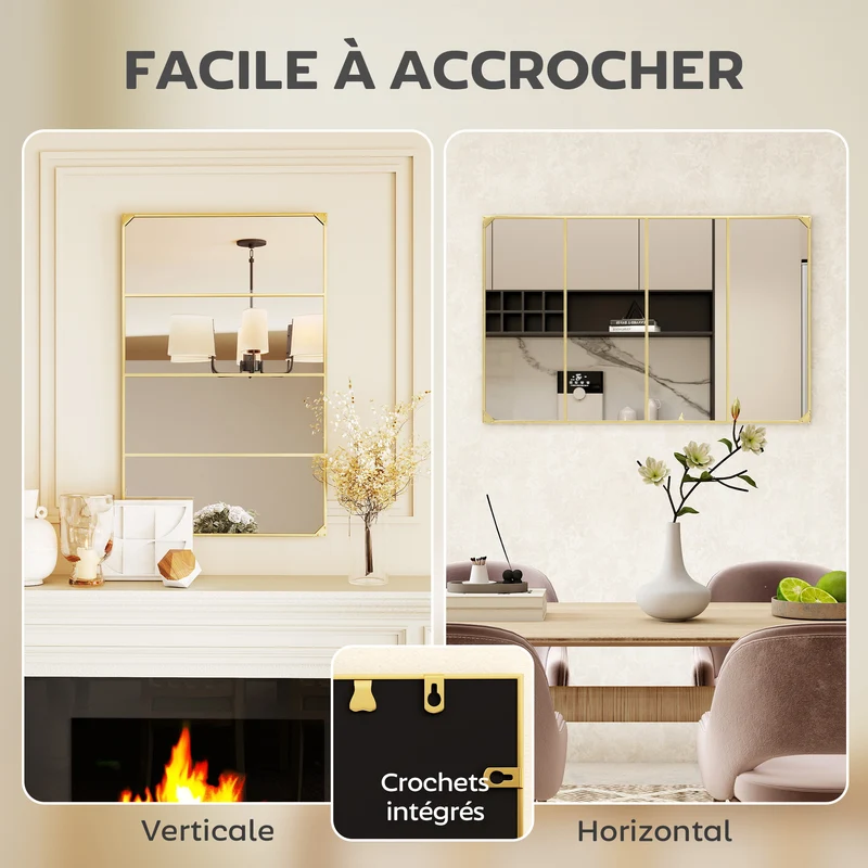 Miroir mural verrière rectangulaire 109 x 2 x 69 cm agrandit et éclaire style industriel contemporain en métal doré 21_0001363