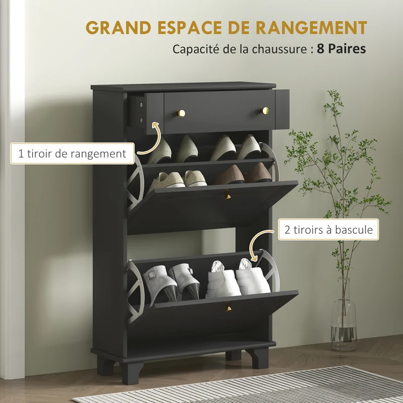 Meuble à chaussures entrée étroit 60 x 23,5 x 98,5 cm rangement 8 paires étagères réglables moderne épuré en MDF noir 21_0002673