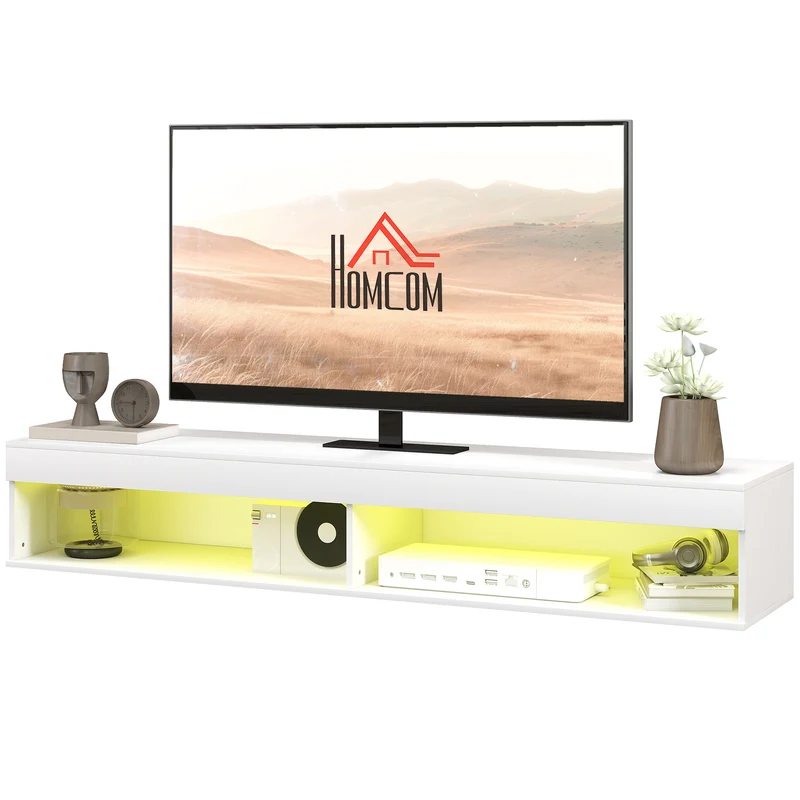 Meuble télévision suspendu 180 x 40 x 30 cm éclairage led multicolore gain de place moderne minimaliste en MDF blanc 21_0003164
