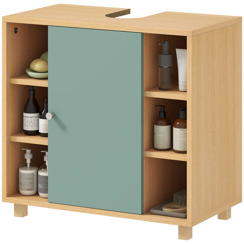 Meuble sous lavabo découpé en U 60 x 33 x 57 cm 6 étagères porte à fermeture douce moderne en panneau de particules vert 21_0002103