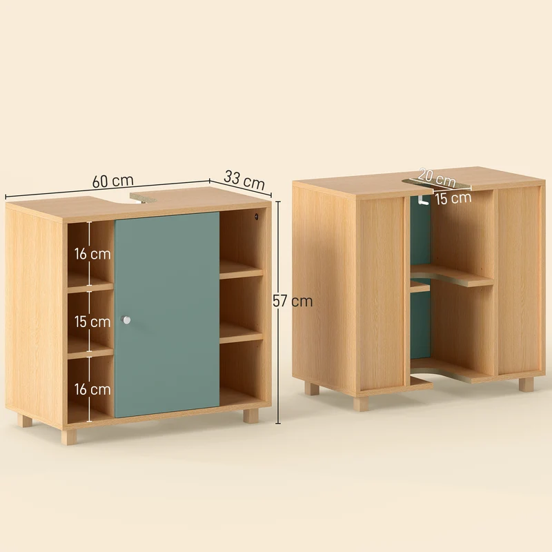 Meuble sous lavabo découpé en U 60 x 33 x 57 cm 6 étagères porte à fermeture douce moderne en panneau de particules vert 21_0002103