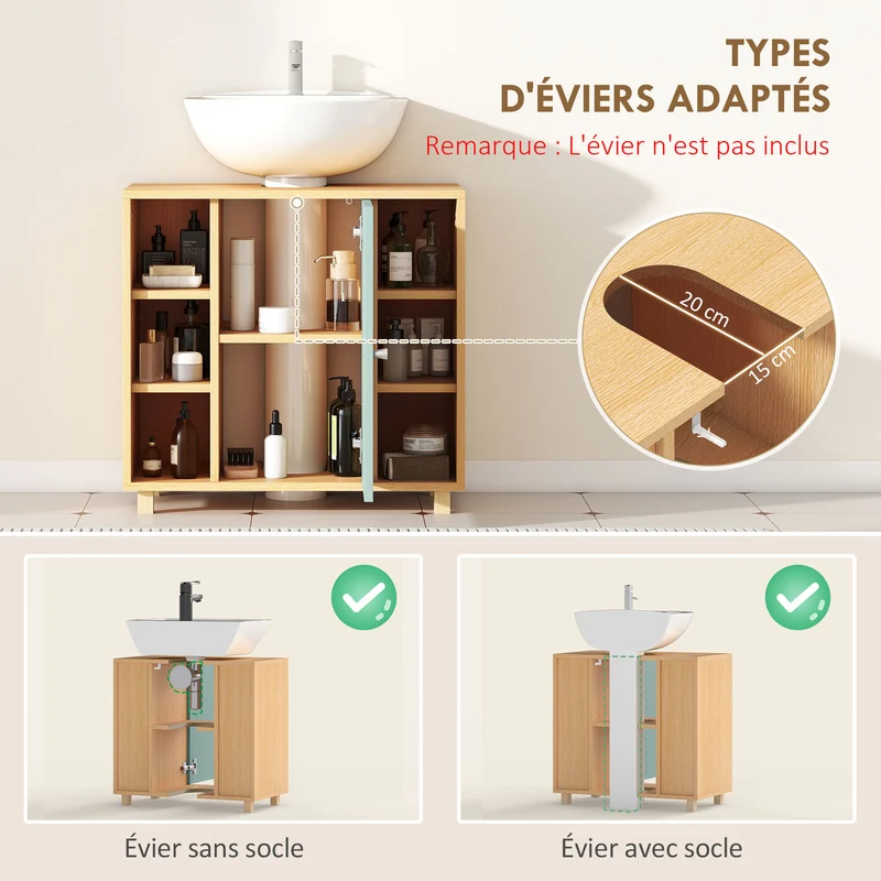 Meuble sous lavabo découpé en U 60 x 33 x 57 cm 6 étagères porte à fermeture douce moderne en panneau de particules vert 21_0002103