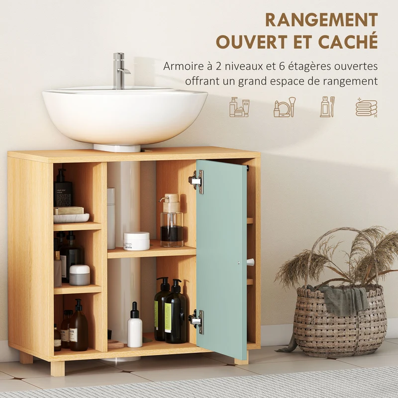 Meuble sous lavabo découpé en U 60 x 33 x 57 cm 6 étagères porte à fermeture douce moderne en panneau de particules vert 21_0002103