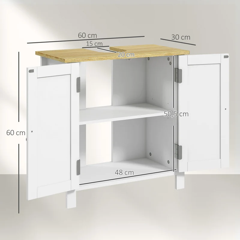 Meuble sous lavabo 2 portes 60 x 30 x 60 cm étagère réglable découpe u gain de rangement style contemporain en MDF blanc 21_0001957