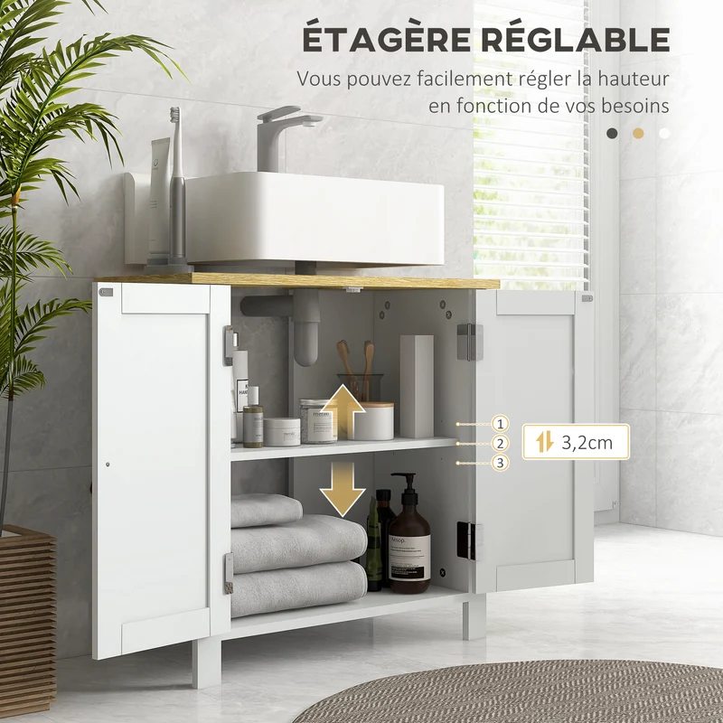 Meuble sous lavabo 2 portes 60 x 30 x 60 cm étagère réglable découpe u gain de rangement style contemporain en MDF blanc 21_0001957