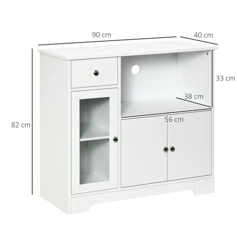 Meuble micro-ondes buffet rangement cuisine 90 x 40 x 82 cm gain de place porte vitrée épuré contemporain en MDF blanc 21_0002245