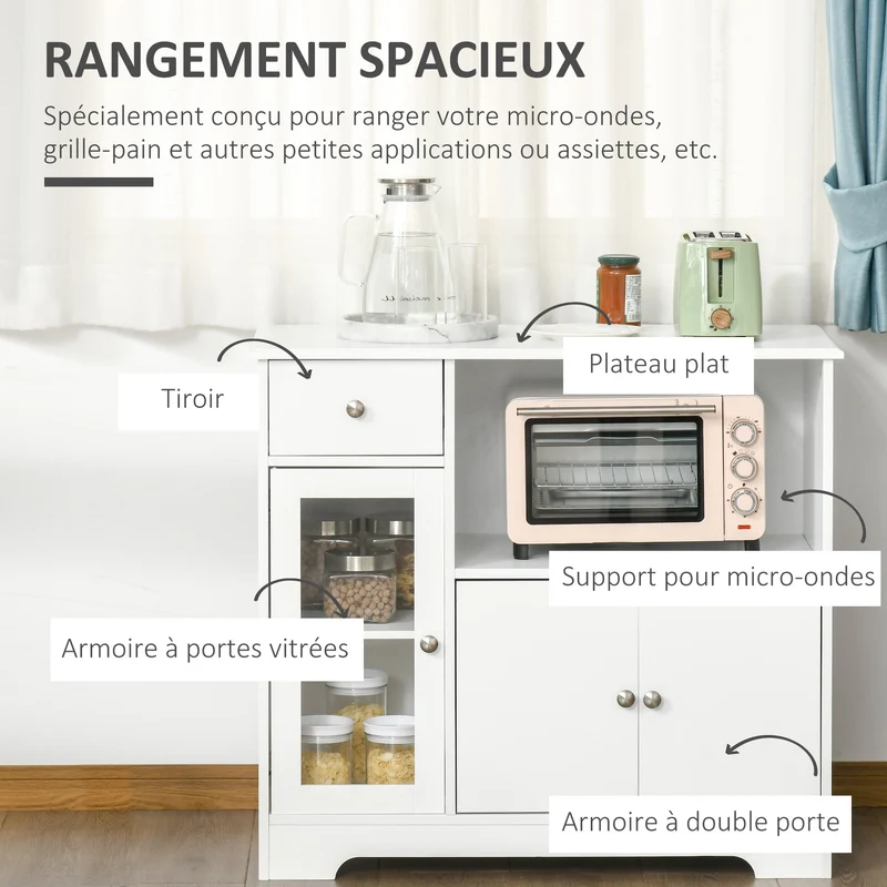 Meuble micro-ondes buffet rangement cuisine 90 x 40 x 82 cm gain de place porte vitrée épuré contemporain en MDF blanc 21_0002245