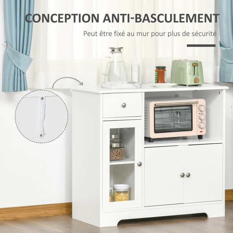Meuble micro-ondes buffet rangement cuisine 90 x 40 x 82 cm gain de place porte vitrée épuré contemporain en MDF blanc 21_0002245