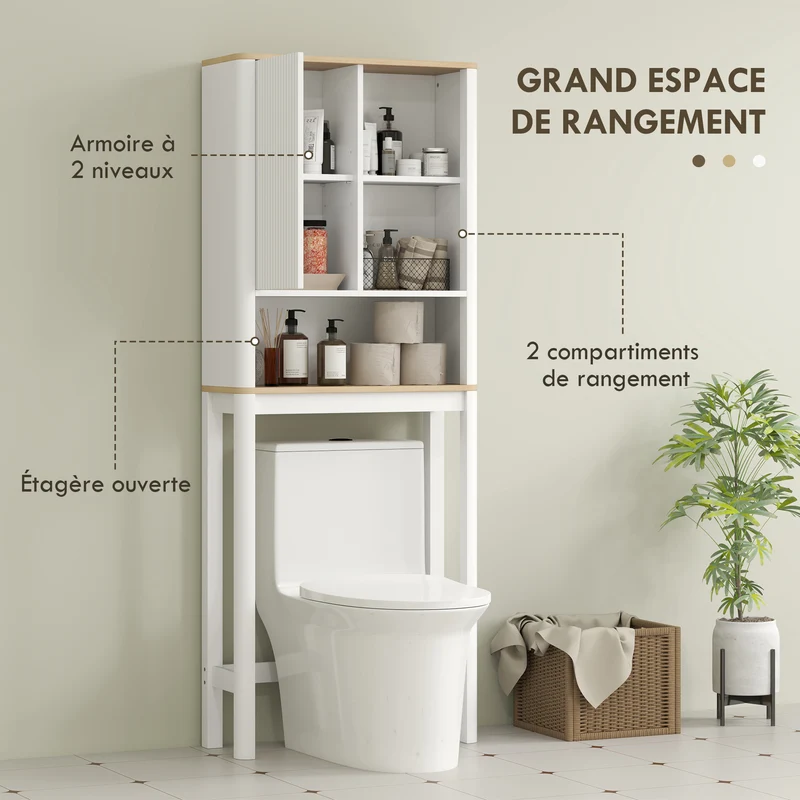 Meuble de rangement au-dessus des toilettes 65 x 25 x 170 cm gain de place étagère réglable moderne épuré en MDF blanc 21_0002060