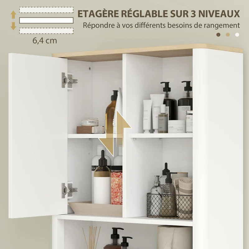 Meuble de rangement au-dessus des toilettes 65 x 25 x 170 cm gain de place étagère réglable moderne épuré en MDF blanc 21_0002060