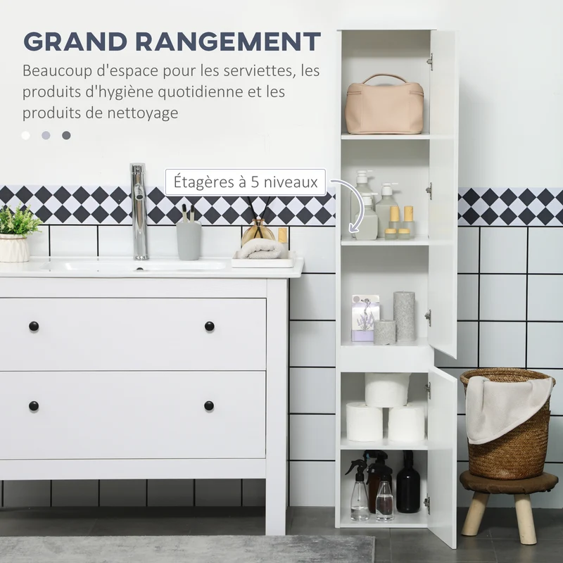 Meuble colonne salle de bain 30 x 28 x 152,5 cm 2 placards étagères réglables sécurisé contemporain épuré en MDF blanc 21_0001945