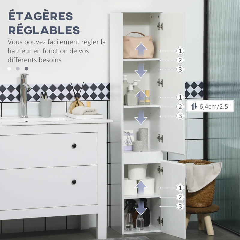 Meuble colonne salle de bain 30 x 28 x 152,5 cm 2 placards étagères réglables sécurisé contemporain épuré en MDF blanc 21_0001945