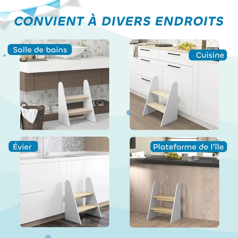 Marchepied enfant 2 marches 43 x 30 x 55 cm stable sécurisé cuisine salle de bain scandinave minimaliste en MDF blanc 21_0000260