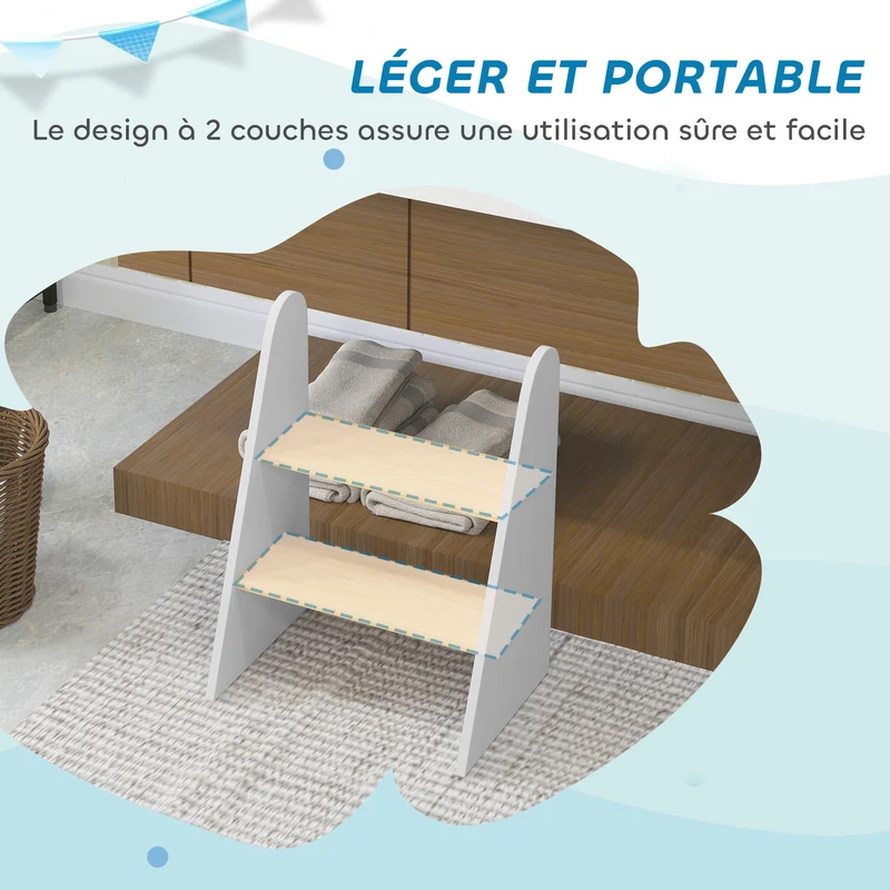Marchepied enfant 2 marches 43 x 30 x 55 cm stable sécurisé cuisine salle de bain scandinave minimaliste en MDF blanc 21_0000260