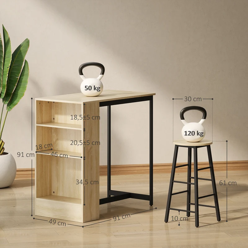 Lot de 3 table de bar avec tabourets 91 x 49 x 91 cm rangement gain de place industriel en panneau de particules chêne 21_0003289