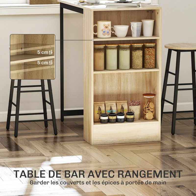 Lot de 3 table de bar avec tabourets 91 x 49 x 91 cm rangement gain de place industriel en panneau de particules chêne 21_0003289