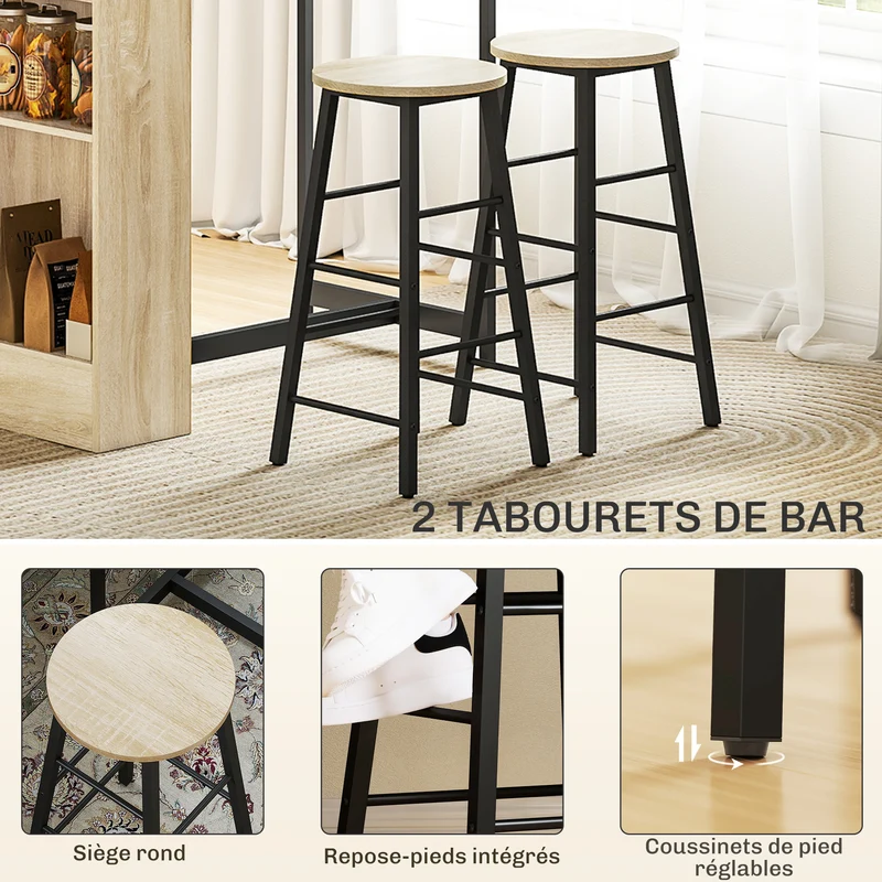 Lot de 3 table de bar avec tabourets 91 x 49 x 91 cm rangement gain de place industriel en panneau de particules chêne 21_0003289