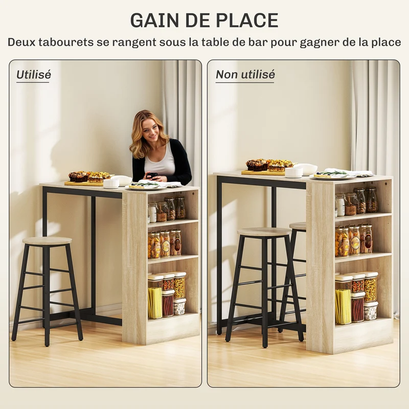 Lot de 3 table de bar avec tabourets 91 x 49 x 91 cm rangement gain de place industriel en panneau de particules chêne 21_0003289