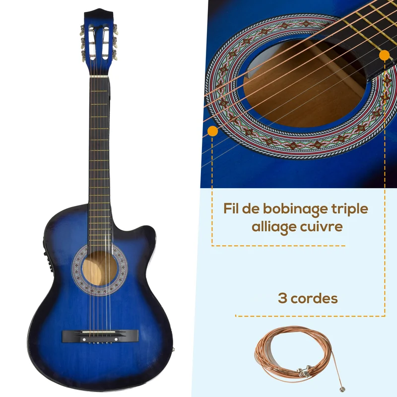 Guitare électrique pan coupé 96,5 x 35,8 x 8,5 cm son lumineux ergonomique moderne contemporain débutants en bois bleu 21_0008053