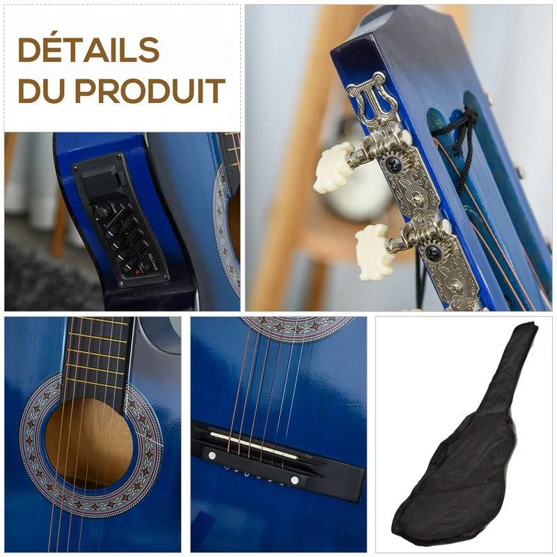 Guitare électrique pan coupé 96,5 x 35,8 x 8,5 cm son lumineux ergonomique moderne contemporain débutants en bois bleu 21_0008053