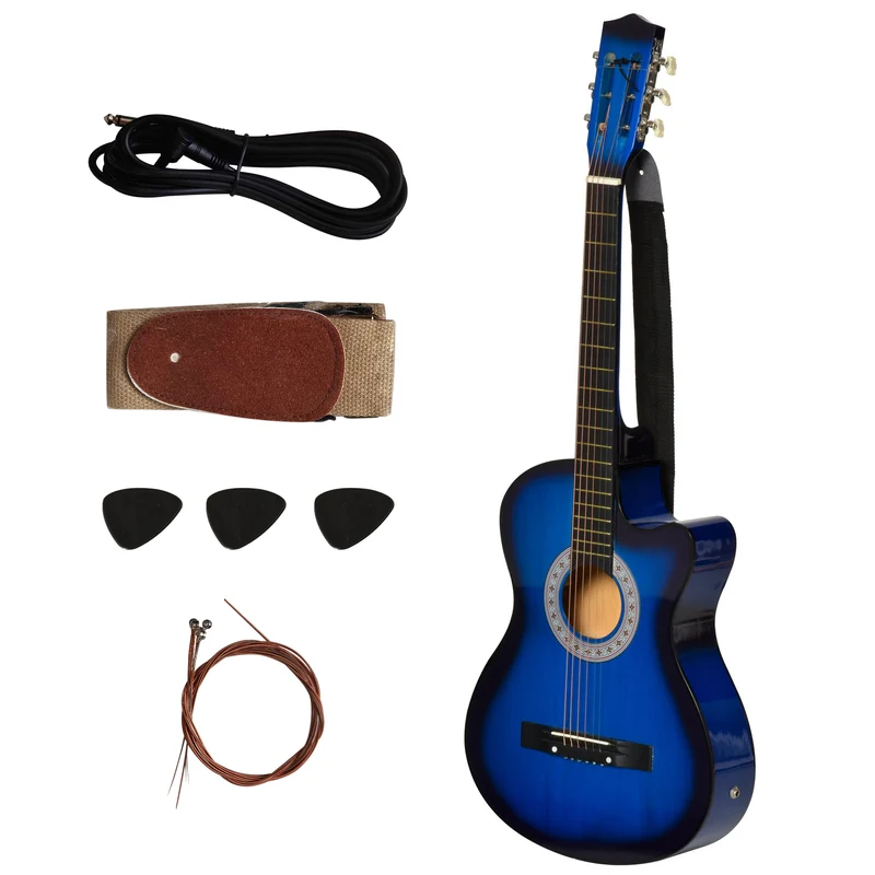 Guitare électrique pan coupé 96,5 x 35,8 x 8,5 cm son lumineux ergonomique moderne contemporain débutants en bois bleu 21_0008053