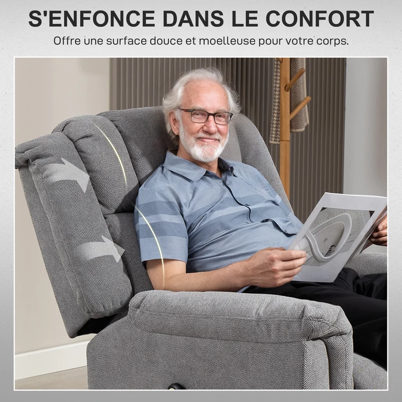 Fauteuil releveur électrique salon 85 x 91 x 104 cm massage chauffant lombaire contemporain cosy en chenille gris foncé 21_0000916