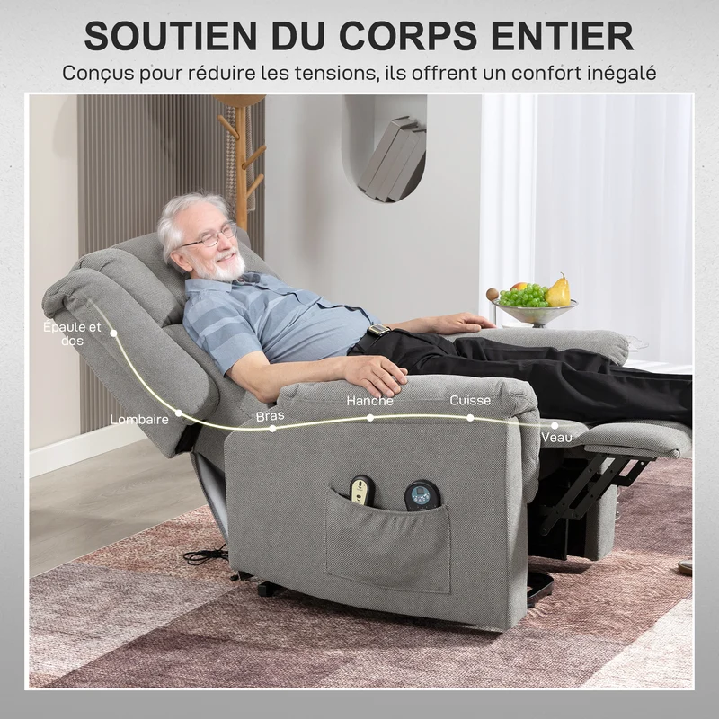 Fauteuil releveur électrique salon 85 x 91 x 104 cm massage chauffant lombaire contemporain cosy en chenille gris foncé 21_0000916