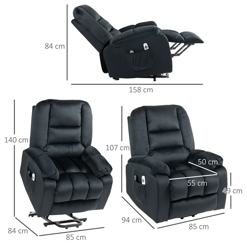 Fauteuil releveur électrique 85 x 94 x 107 cm assise ergonomique massage 8 points chauffant moderne en polyester noir 21_0000901