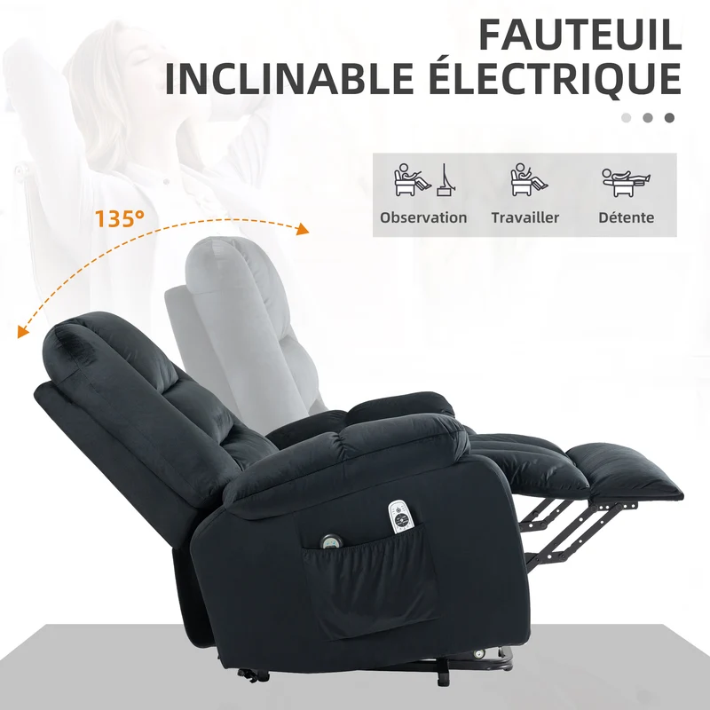 Fauteuil releveur électrique 85 x 94 x 107 cm assise ergonomique massage 8 points chauffant moderne en polyester noir 21_0000901