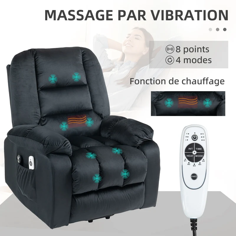 Fauteuil releveur électrique 85 x 94 x 107 cm assise ergonomique massage 8 points chauffant moderne en polyester noir 21_0000901