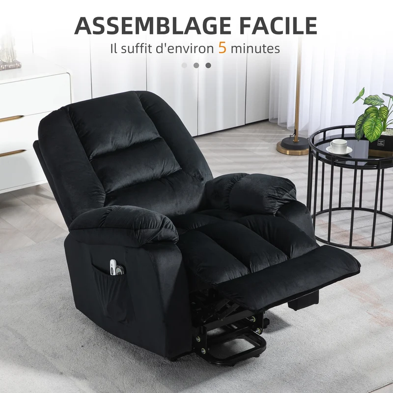 Fauteuil releveur électrique 85 x 94 x 107 cm assise ergonomique massage 8 points chauffant moderne en polyester noir 21_0000901
