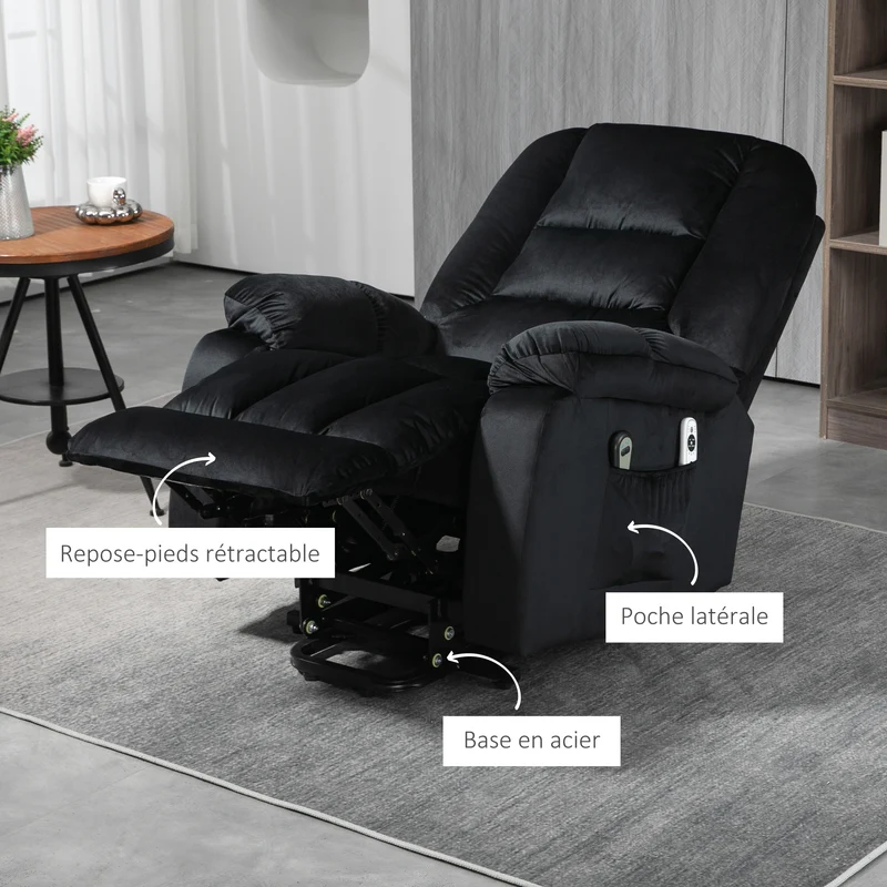 Fauteuil releveur électrique 85 x 94 x 107 cm assise ergonomique massage 8 points chauffant moderne en polyester noir 21_0000901