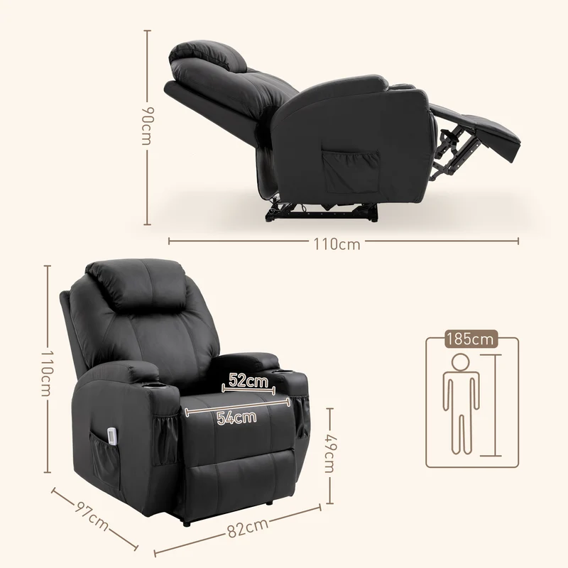 Fauteuil massant inclinable 82 x 97 x 110 cm 8 points de massage et dossier inclinable 165° moderne cosy en PU noir 21_0000801