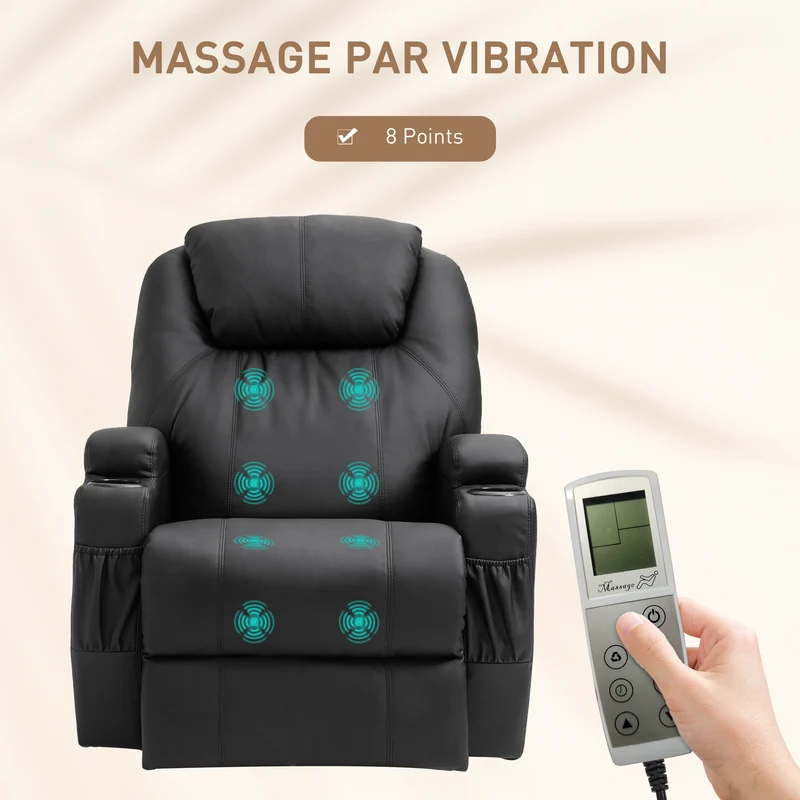 Fauteuil massant inclinable 82 x 97 x 110 cm 8 points de massage et dossier inclinable 165° moderne cosy en PU noir 21_0000801