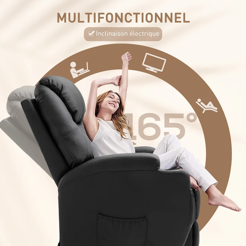 Fauteuil massant inclinable 82 x 97 x 110 cm 8 points de massage et dossier inclinable 165° moderne cosy en PU noir 21_0000801