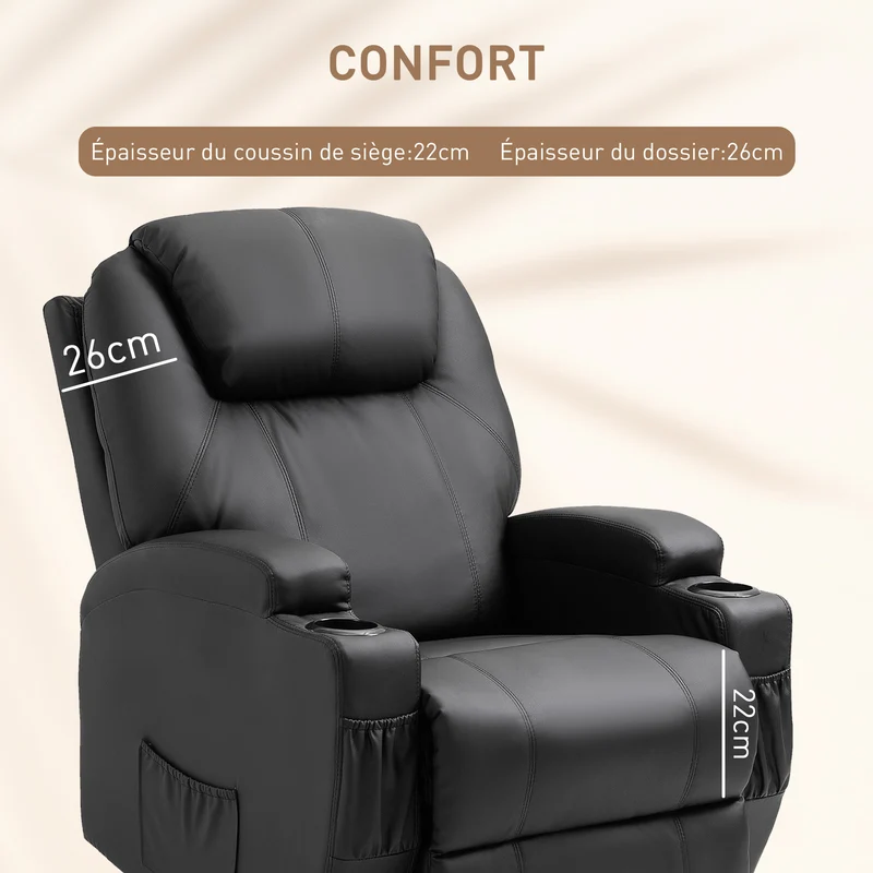 Fauteuil massant inclinable 82 x 97 x 110 cm 8 points de massage et dossier inclinable 165° moderne cosy en PU noir 21_0000801
