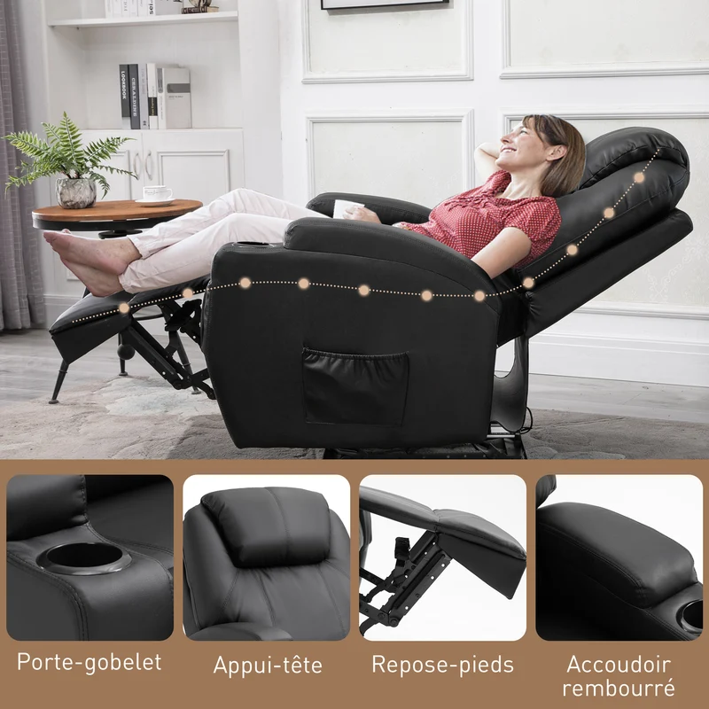 Fauteuil massant inclinable 82 x 97 x 110 cm 8 points de massage et dossier inclinable 165° moderne cosy en PU noir 21_0000801